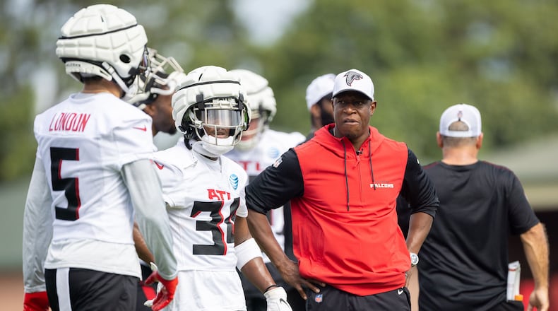 Atlanta Falcons head coach Raheem Morris watches practice during training camp at the Falcons' headquarters in Flowery Branch, Georgia, on July 26, 2024. (Arvin Temkar/The Atlanta Journal-Constitution/TNS)
