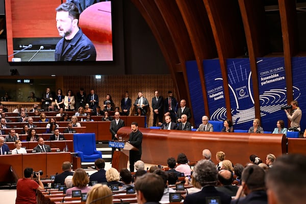 Ukraine's President Volodymyr Zelenskyy, delivers a speech at the Council of Europe after signing the legal instruments necessary to launch the Special Tribunal for the Crime of Aggression against Ukraine, in Strasbourg, eastern France, Wednesday, June 25, 2025. (AP Photo/Pascal Bastien)