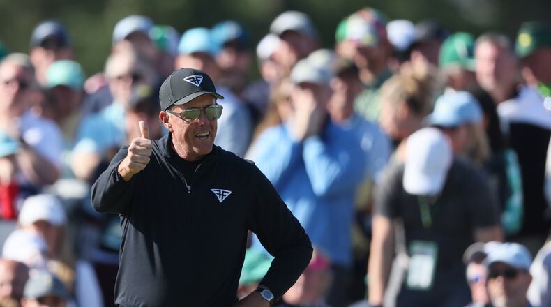 Phil Mickelson reacts to birdie putt on 18th hole during final round of the 2023 Masters Tournament at Augusta National Golf Club, Sunday, April 9, 2023, in Augusta, Ga. (Jason Getz / Jason.Getz@ajc.com)