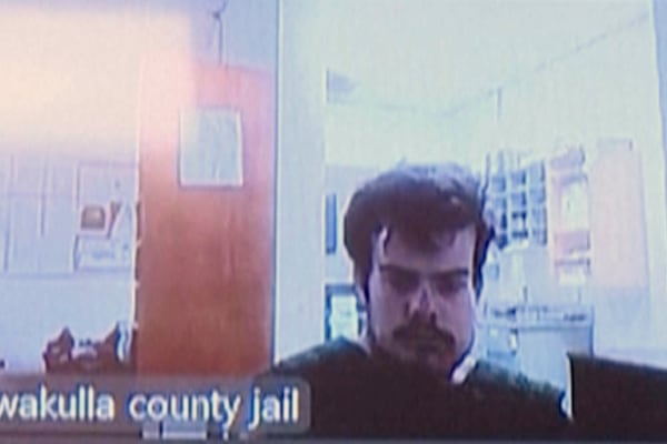 Phoenix Ikner, accused of killing two people and wounding six others in a mass shooting at Florida State University in April makes a court appearance via video on Tuesday, May 13, 2025 in Tallahassee, Fla. (WTXL via AP)