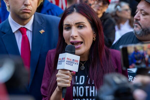 FILE - Right-wing activist Laura Loomer speaks in front of the courthouse where the hush-money trial of Donald Trump is underway, April 15, 2024, in New York. (AP Photo/Ted Shaffrey, File)