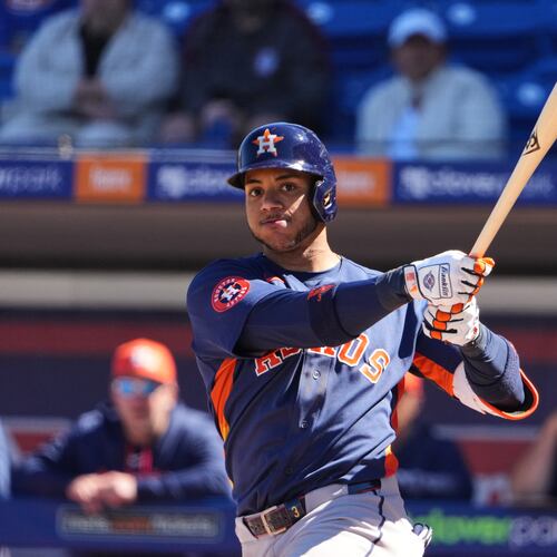 Houston Astros' Jeremy Peña fouls off a pitch during the second inning of a spring training baseball game against the New York Mets Tuesday, Feb. 24, 2026, in Port St. Lucie, Fla. (AP Photo/Jeff Roberson)