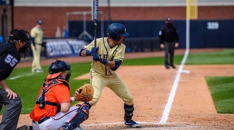 Georgia Tech second baseman Austin Wilhite against Virginia April 3, 2021 at Mac Nease Baseball Park. (Danny Karnik/Georgia Tech Athletics)