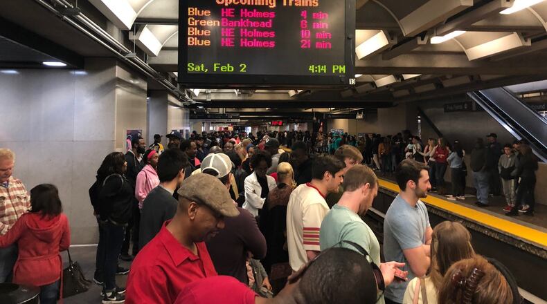 MARTA’s Five Points Station was packed Saturday as fans attended numerous Super Bowl events.