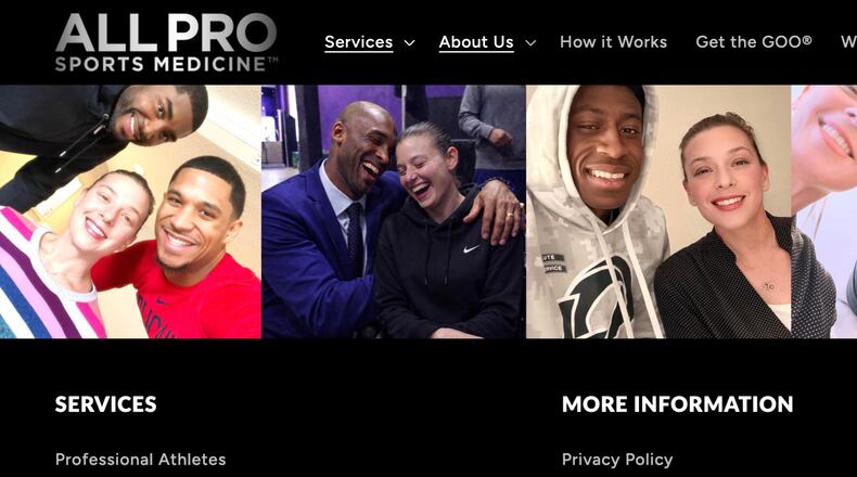 This image shows part of Joan Rubinger’s All Pro Sports Medicine website in August 2026, displaying social media photos of her with several celebrity athletes. (AP Photo)