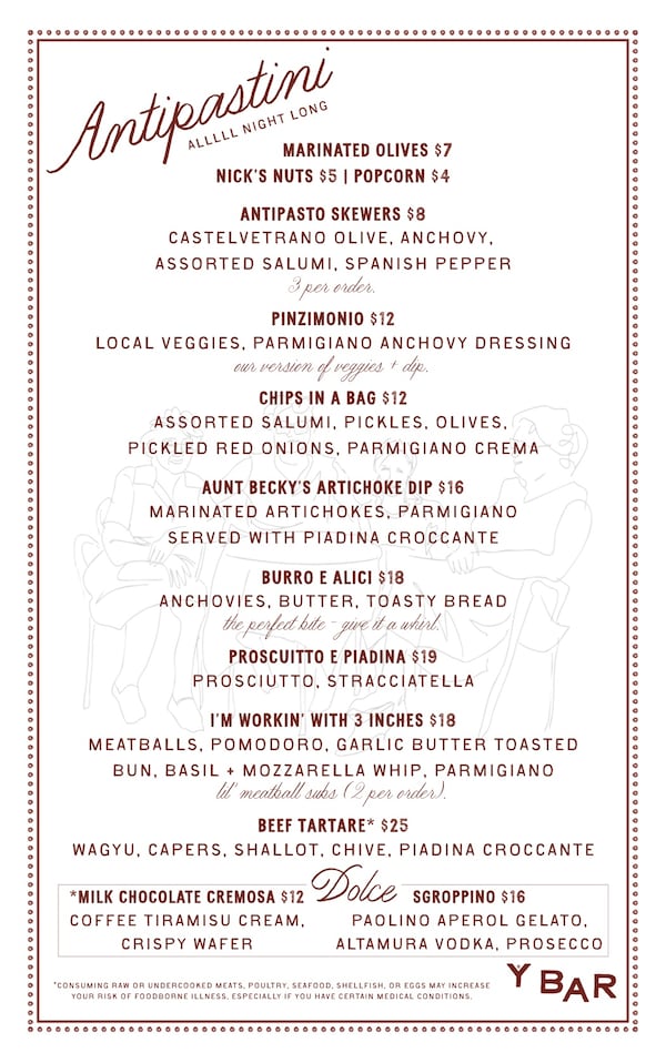 See the antipastini menu for Y Bar e Ristorante in Buckhead Village. (Courtesy of Y Bar e Ristorante)