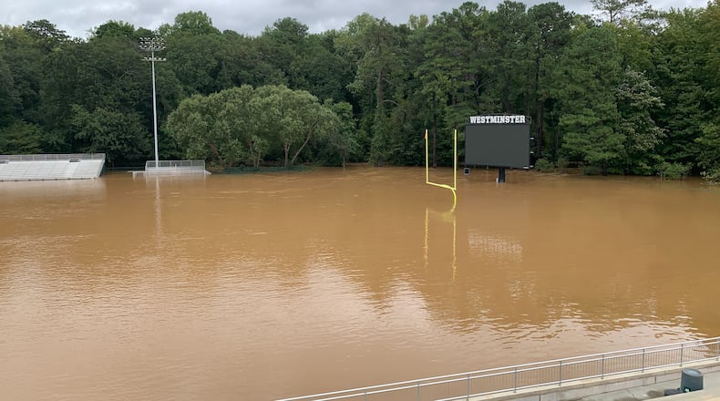 Playing fields at the Westminster School of Atlanta flooded when Hurricane Helene swept through the metro Atlanta area on Sept. 27. (Dylan Jackson/The Atlanta Journal-Constitution).