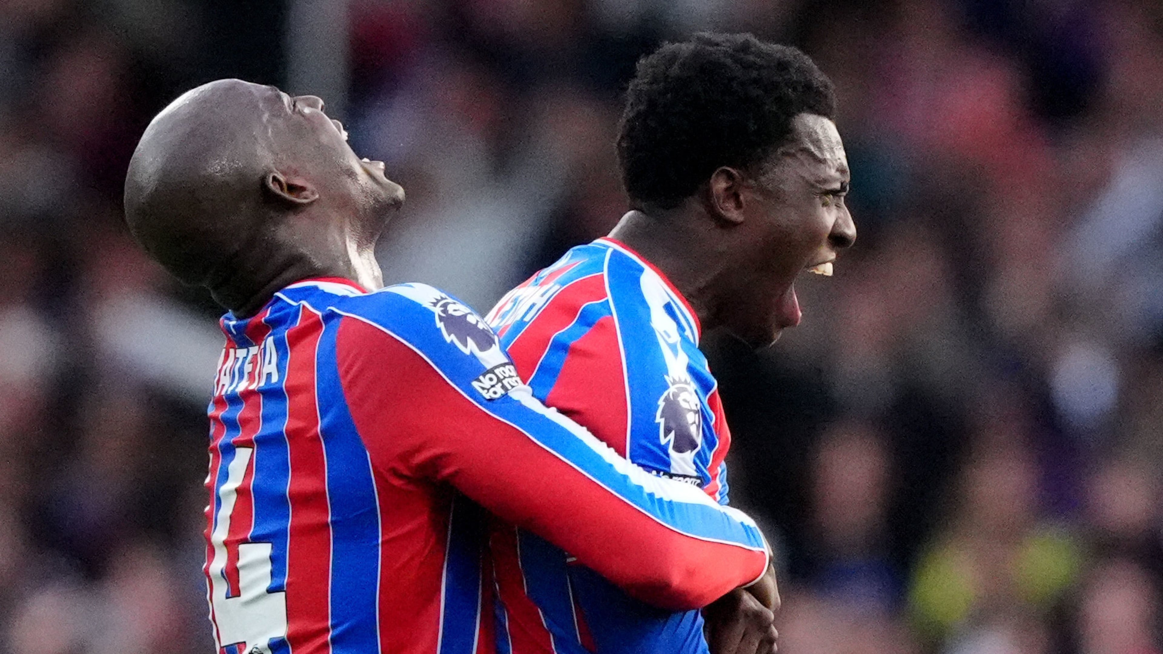 Crystal Palace's Eddie Nketiah celebrates scoring his side's second goal of the game with teammate Jean-Philippe Mateta, during the English Premier League soccer match between Crystal Palace and Liverpool, at Selhurst Park, in south London, Saturday, Sept. 27, 2025. (Jonathan Brady/PA via AP)