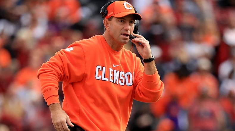 Head coach Dabo Swinney of the Clemson Tigers watches on against the South Carolina Gamecocks during their game at Williams-Brice Stadium on November 30, 2019 in Columbia, South Carolina. (Photo by Streeter Lecka/Getty Images)