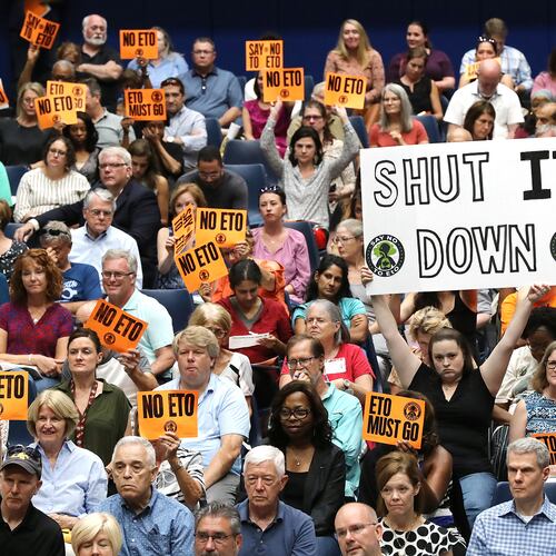 Georgians protest the use of ethylene oxide to sterilize medical equipment near residential neighborhoods at a town hall in Marietta in August 2019. (File / Staff)