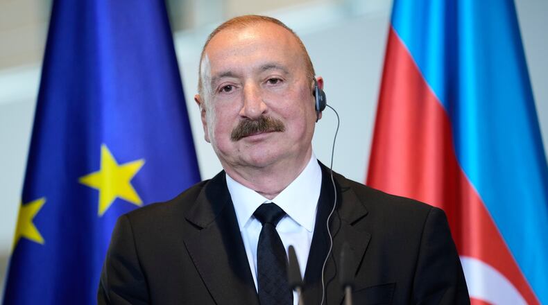 Azerbaijan' president Ilham Aliyev attends a news conference after a meeting with German chancellor Friedrich Merz in Berlin, Germany, Tuesday, July 21, 2026. (AP Photo/Ebrahim Noroozi)