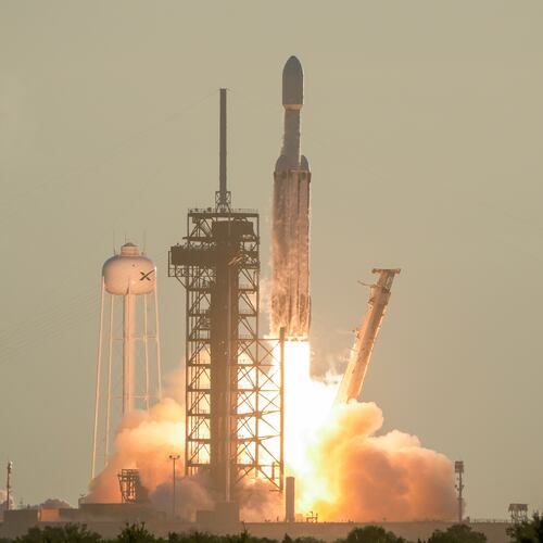 A SpaceX Falcon Heavy rocket with the space observatory Roman Telescope lifts off from launch complex 39A at the Kennedy Space Center in Cape Canaveral, Fla., Sunday, Aug. 30, 2026. (AP Photo/John Raoux)