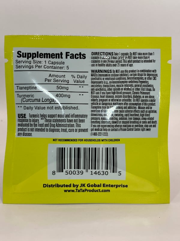 This photo provided by the FDA in January 2024 shows a the ingredient list of TA TA, a product labeled to contain tianeptine. (FDA Office of Regulatory Affairs, Health Fraud Branch via AP)