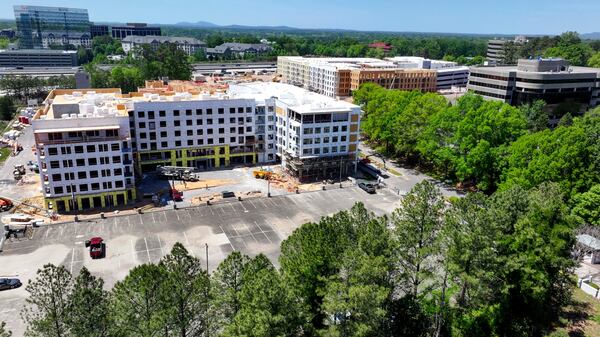 An aerial image shows the Solis Embassy Row apartment project under construction on Wednesday, April 15, 2026. (Miguel Martinez/AJC)