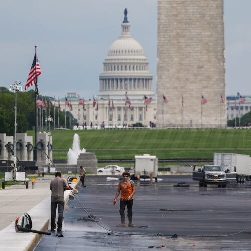 Work continues on the Lincoln Memorial Reflecting Pool, Tuesday, Aug. 18, 2026, in Washington. (AP Photo/Julia Demaree Nikhinson)
