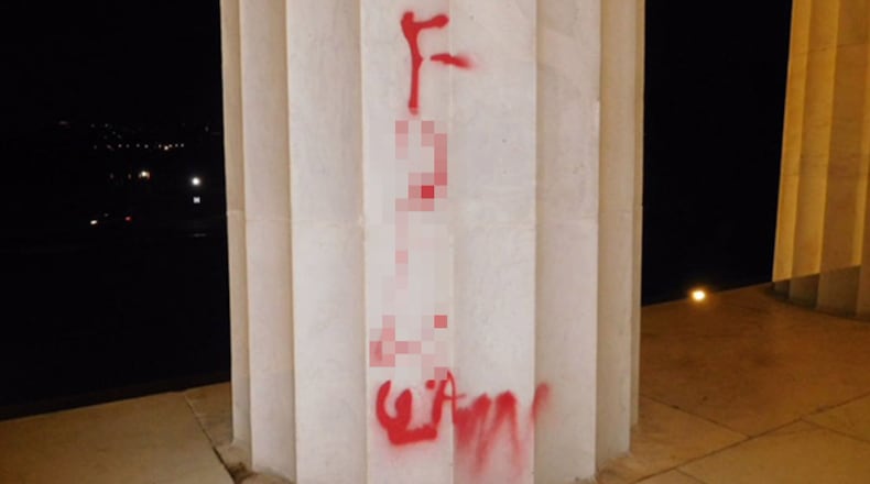 WASHINGTON, DC - AUGUST 15: In this handout image provided by the National Park Service, graffiti is seen on a pillar at the Lincoln Memorial in the early morning hours on August 15, 2017 in Washington, DC. The act of vandalism is being investigated.