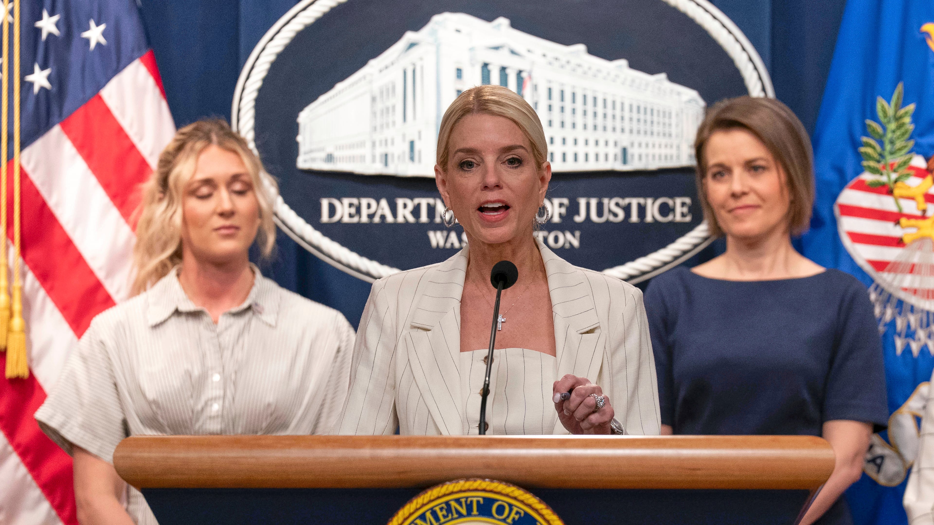 FILE - Attorney General Pam Bondi speaks during a news conference at the Department of Justice headquarters in Washington, Wednesday, April 16, 2025. (AP Photo/Jose Luis Magana, File)