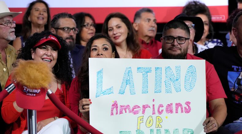 FILE - Supporters hold a sign before Republican presidential nominee former President Donald Trump arrives to speak during a campaign event, Sept.12, 2024, in Tucson, Ariz. (AP Photo/Alex Brandon, File)