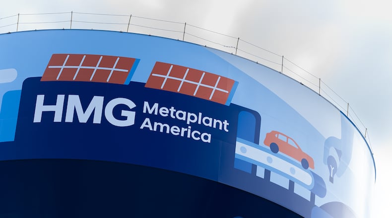 The water storage tank at the Hyundai EV factory site features artwork designed by Savannah College of Art and Design students. (Photo courtesy of Hyundai Motor Group Metaplant America)