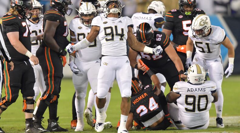 November 10, 2018 Atlanta - Georgia Tech defensive lineman Anree Saint-Amour (94) reacts in the first half at Bobby Dodd Stadium on Saturday, November 10, 2018. HYOSUB SHIN / HSHIN@AJC.COM