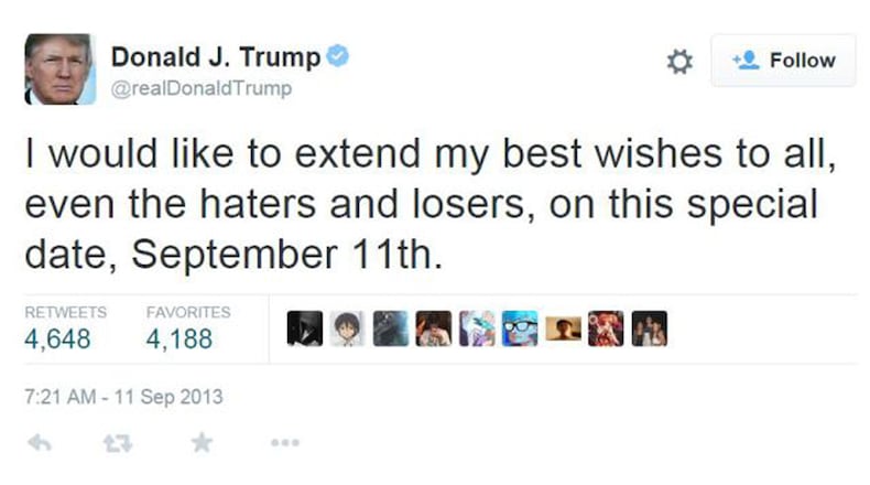 A screenshot taken of Donald Trump's tweet from 2013, before it became inaccessible.