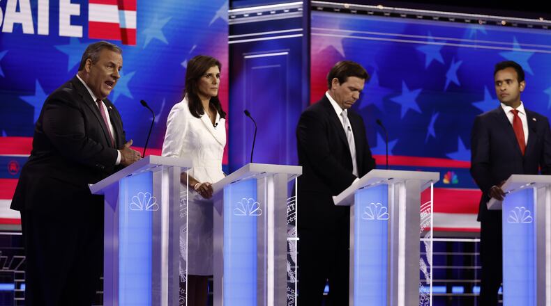 Chris Christie, from left, Nikki Haley, Ron DeSantis and Vivek Ramaswamy will face off Wednesday night in the fourth GOP presidential candidates debate in Tuscaloosa, Alabama. The field of candidates has tightened after North Dakota Gov. Doug Burgum, former Vice President Mike Pence and South Carolina U.S. Sen. Tim Scott dropped out of the race. (Scott McIntyre/The New York Times)