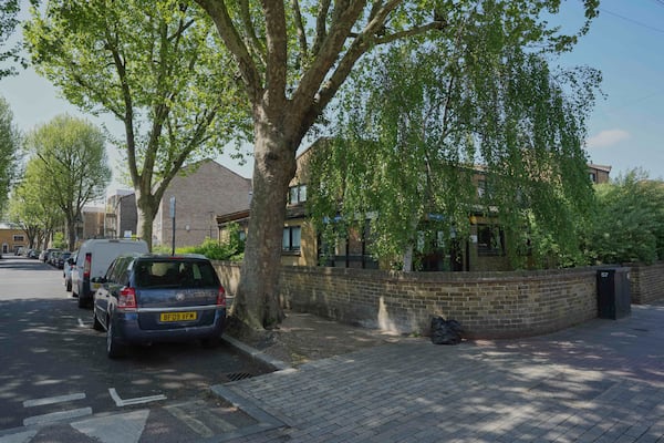 A general view of St. Stephens Road, in Bow, in London, Thursday, April 24, 2025. (AP Photo/Kin Cheung)