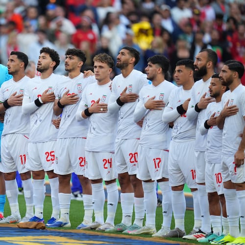 Iran's team stands for their national anthem during the World Cup Group G soccer match between Egypt and Iran in Seattle, Friday, June 26, 2026. (AP Photo/Manu Fernandez)
