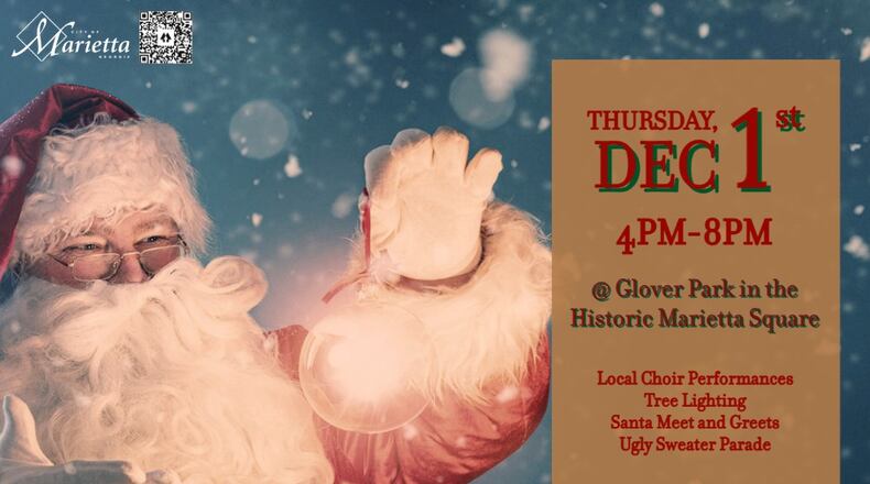 Marietta's Christmas tree lighting ceremony will take place 4-8 p.m. Dec. 1 at Glover Park in the Marietta Square. (Courtesy of Marietta)