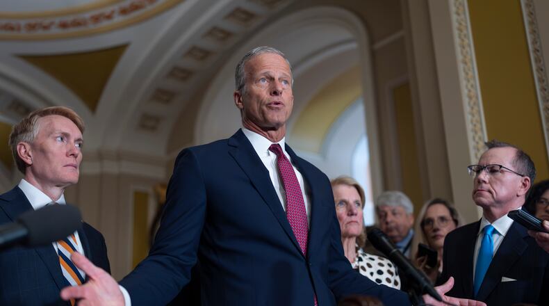 Senate Majority Leader John Thune, R-S.D., speaks to reporters at the Capitol in Washington, Tuesday, April 14, 2026. (AP Photo/J. Scott Applewhite)