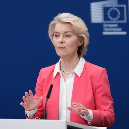European Commission President Ursula von der Leyen speaks during a report on children's safety online at EU headquarters in Brussels, Monday, July 13, 2026. (AP Photo/Marius Burgelman)