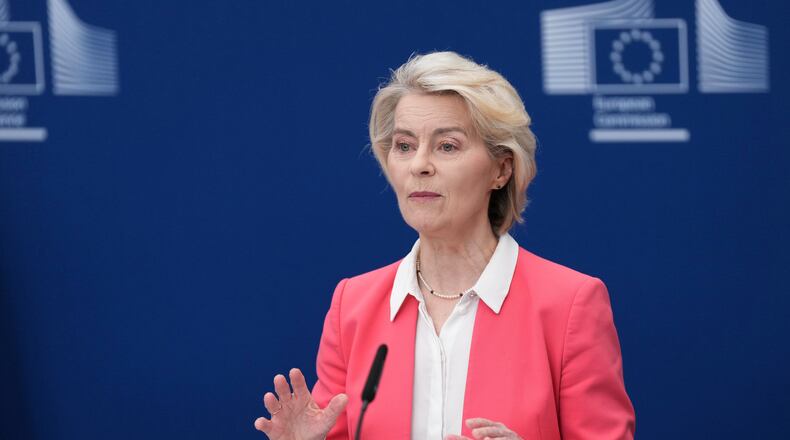 European Commission President Ursula von der Leyen speaks during a report on children's safety online at EU headquarters in Brussels, Monday, July 13, 2026. (AP Photo/Marius Burgelman)