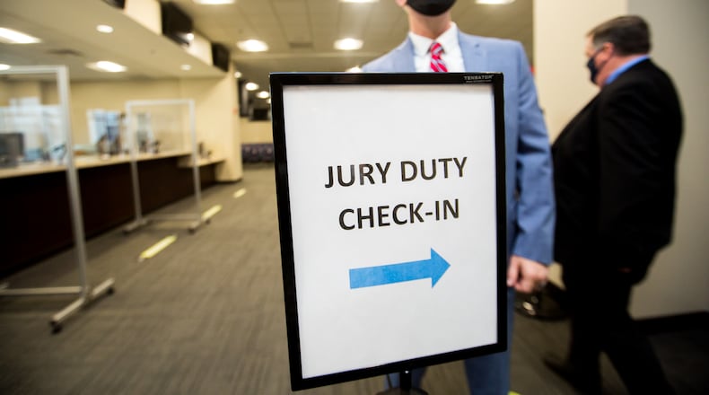 March 24, 2021 — The Gwinnett County Justice and Administration Center's $80 million expansion provides seating space for jurors to report for jury duty, as well as additional courtrooms and much more. The chief justice of the Supreme Court of Georgia signed an order in March allowing the resumption of jury trials, which had been halted because of the pandemic. (Jenni Girtman for The Atlanta Journal-Constitution)