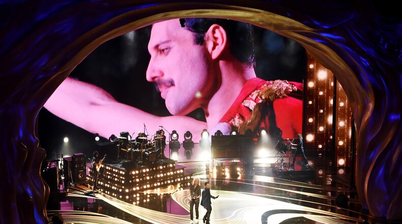 An image of the late Freddie Mercury is projected onto a screen while Adam Lambert + Queen perform onstage during the 91st Annual Academy Awards at Dolby Theatre on February 24, 2019 in Hollywood, California.