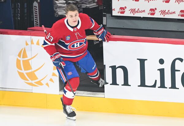 Montreal Canadiens' Ivan Demidov steps onto the ice prior to an NHL hockey game against the Chicago Blackhawks in Montreal, Monday, April 14, 2025. (Graham Hughes/The Canadian Press via AP)