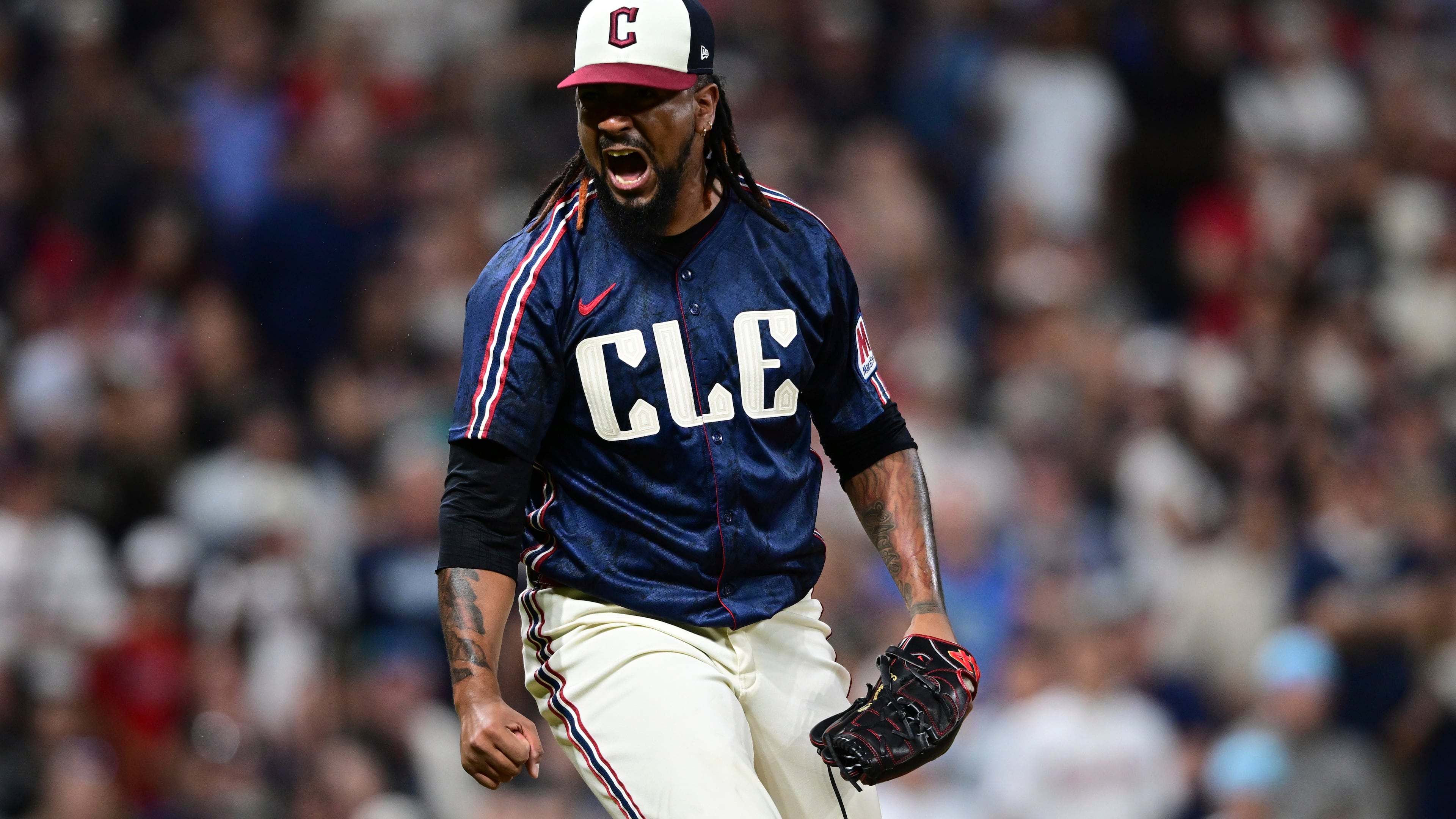 Cleveland Guardians relief pitcher Emmanuel Clase reacts after the Guardians defeated the Athletics in a baseball game, Friday, July 18, 2025, in Cleveland. (AP Photo/David Dermer)