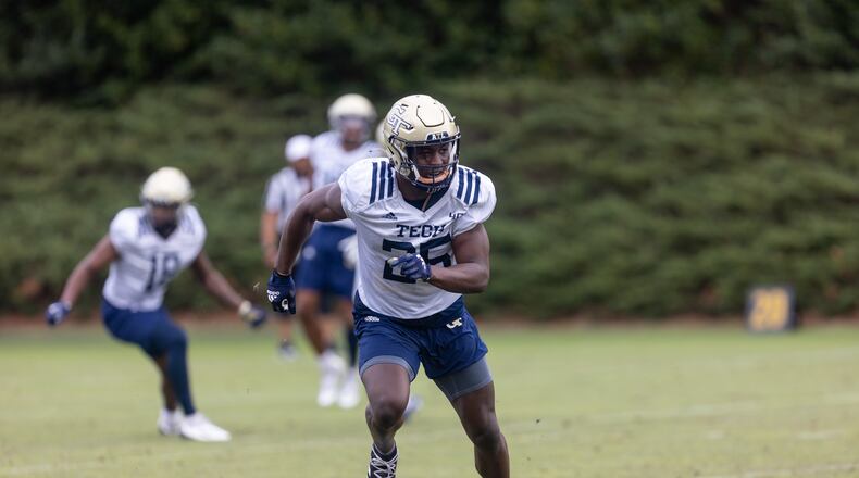 Charlie Thomas runs during the first day of spring practice for Georgia Tech football in February at Alexander Rose Bowl Field. (Photo Jenn Finch)