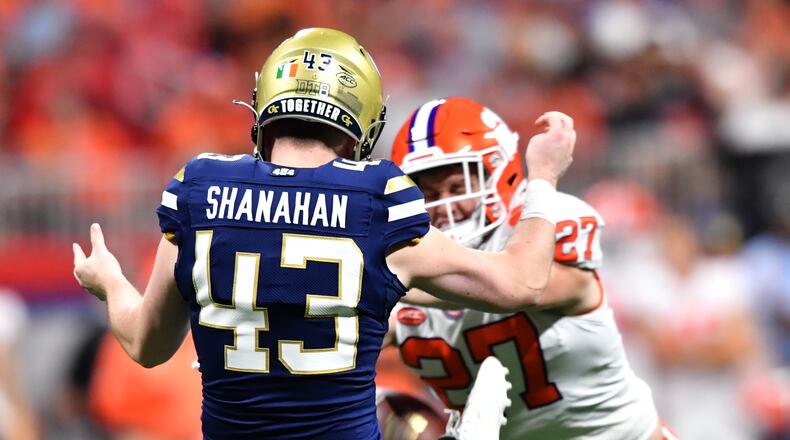 September 5, 2022 Atlanta - Clemson's safety Carson Donnelly (27) blocks a kick by DUPLICATE***Georgia Tech's punter David Shanahan (43) during the first half of Chick-fil-A Kickoff Game at Mercedes-Benz Stadium in Atlanta on Monday, September 5, 2022. (Hyosub Shin / Hyosub.Shin@ajc.com)