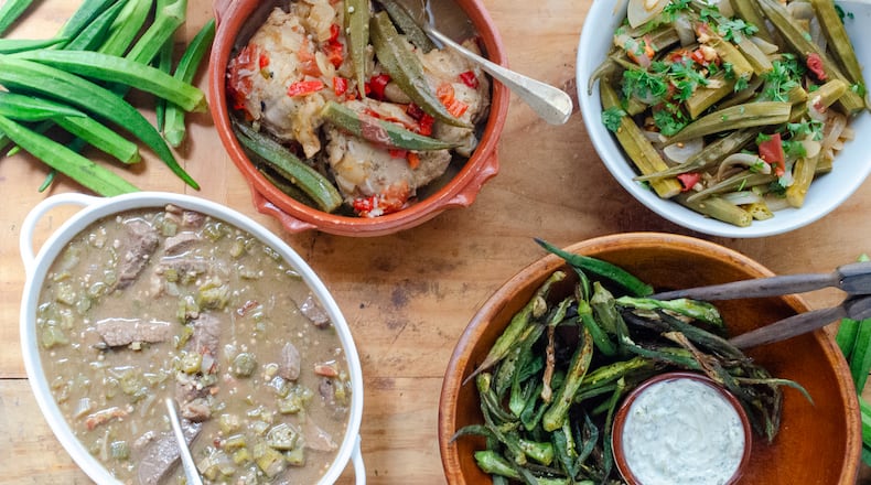 Okra is a heralded ingredient in cuisines from around the world. Pictured are (from left, clockwise): Round Steak and Okra Gumbo, Brazilian Chicken and Okra, Greek Okra and Tomatoes, and Air Fryer Okra Fries with Spicy Yogurt Dipping Sauce. (Virginia Willis for The Atlanta Journal-Constitution)