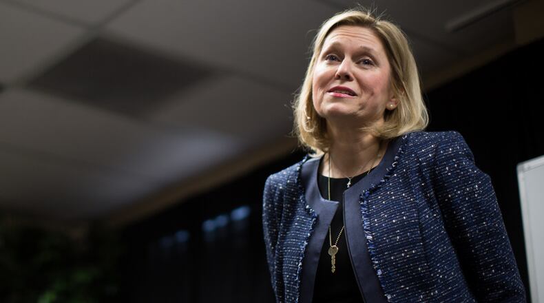 Jody Noland speaks to a group of senior citizens about the importance of writing letters to their loved ones, Saturday, Feb. 14, 2015, in Marietta, Ga. Noland recently left her career as an IT Marketer to pursue a career in teaching others about the importance of the written word. (SPECIAL/BRANDEN CAMP)