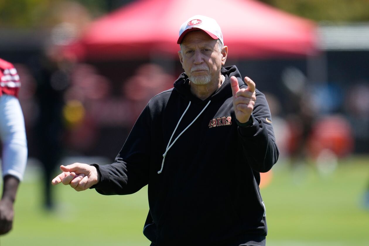 FILE - San Francisco 49ers assistant head coach/offensive line Chris Foerster gestures during the NFL football team's rookie minicamp Friday, May 8, 2026, in Santa Clara, Calif. (AP Photo/Jeff Chiu, File)