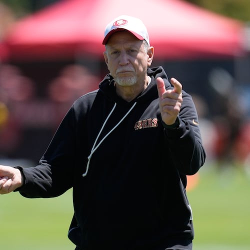 FILE - San Francisco 49ers assistant head coach/offensive line Chris Foerster gestures during the NFL football team's rookie minicamp Friday, May 8, 2026, in Santa Clara, Calif. (AP Photo/Jeff Chiu, File)
