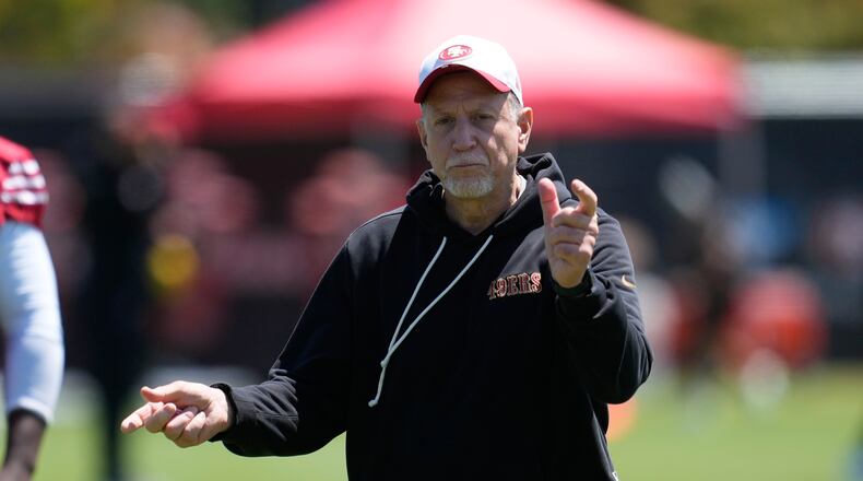 FILE - San Francisco 49ers assistant head coach/offensive line Chris Foerster gestures during the NFL football team's rookie minicamp Friday, May 8, 2026, in Santa Clara, Calif. (AP Photo/Jeff Chiu, File)