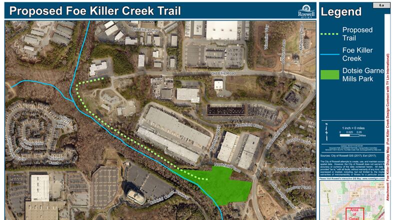 Roswell has approved a $91,122 design contract for the proposed Foe Killer Creek Trail, depicted here in a city project map. CITY OF ROSWELL