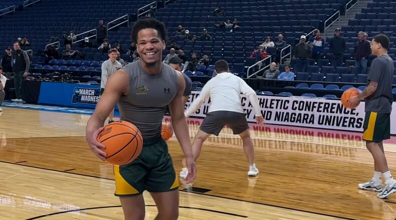 North Dakota State guard Riley Saunders cracks a smile during the Bison's NCAA Tournament practice Wednesday, March 18, 2026, in Buffalo, N.Y. (Ken Sugiura/AJC)