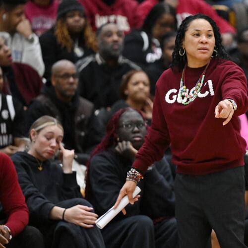 South Carolina coach Dawn Staley calls to her team against Coppin State during the second half of an NCAA college basketball game Sunday, Jan. 18, 2026, in Baltimore. (AP Photo/Gail Burton)