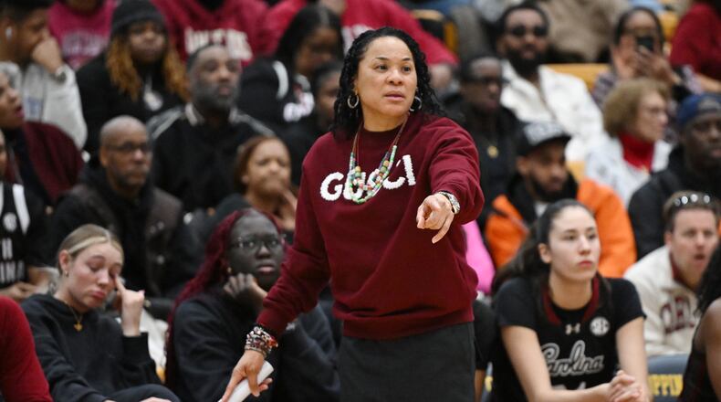 South Carolina coach Dawn Staley calls to her team against Coppin State during the second half of an NCAA college basketball game Sunday, Jan. 18, 2026, in Baltimore. (AP Photo/Gail Burton)