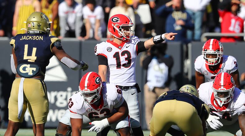 Georgia quarterback Stetson Bennett calls a play against Georgia Tech on Nov. 27, 2021, in Atlanta. (Curtis Compton / Curtis.Compton@ajc.com)
