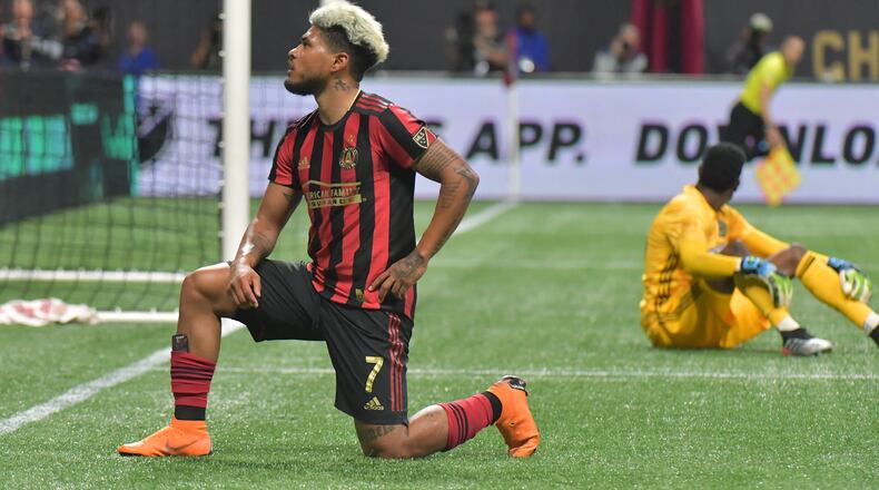 Atlanta United's Josef Martinez strikes a celebratory pose after scoring against Philadelphia last season. (Hyosub Shin / Hyosub.Shin@ajc.com)