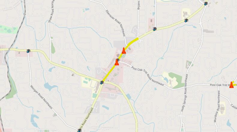 This map shows where Cobb crews will install a new valve on the existing water main in front of McDonald’s from 11 p.m. July 25 to 5 a.m. July 26. This work will affect all water service to the east side of Sandy Plains Road between East Piedmont Road and Ebenezer Road. (Courtesy of Cobb County)